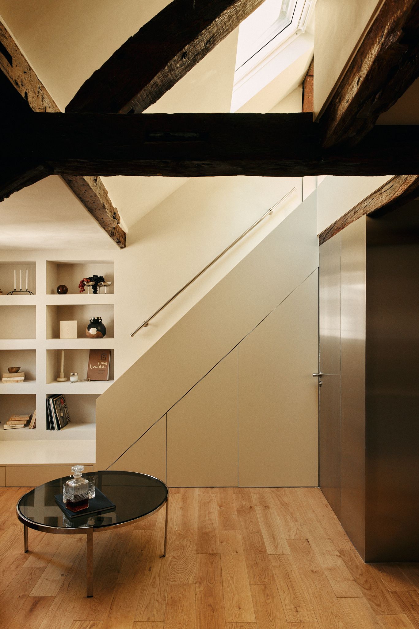 Image may contain Architecture Building House Housing Indoors Loft Room Staircase Interior Design and Furniture